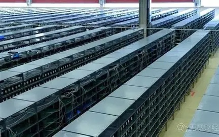 A modern mining farm with rows of mining rigs